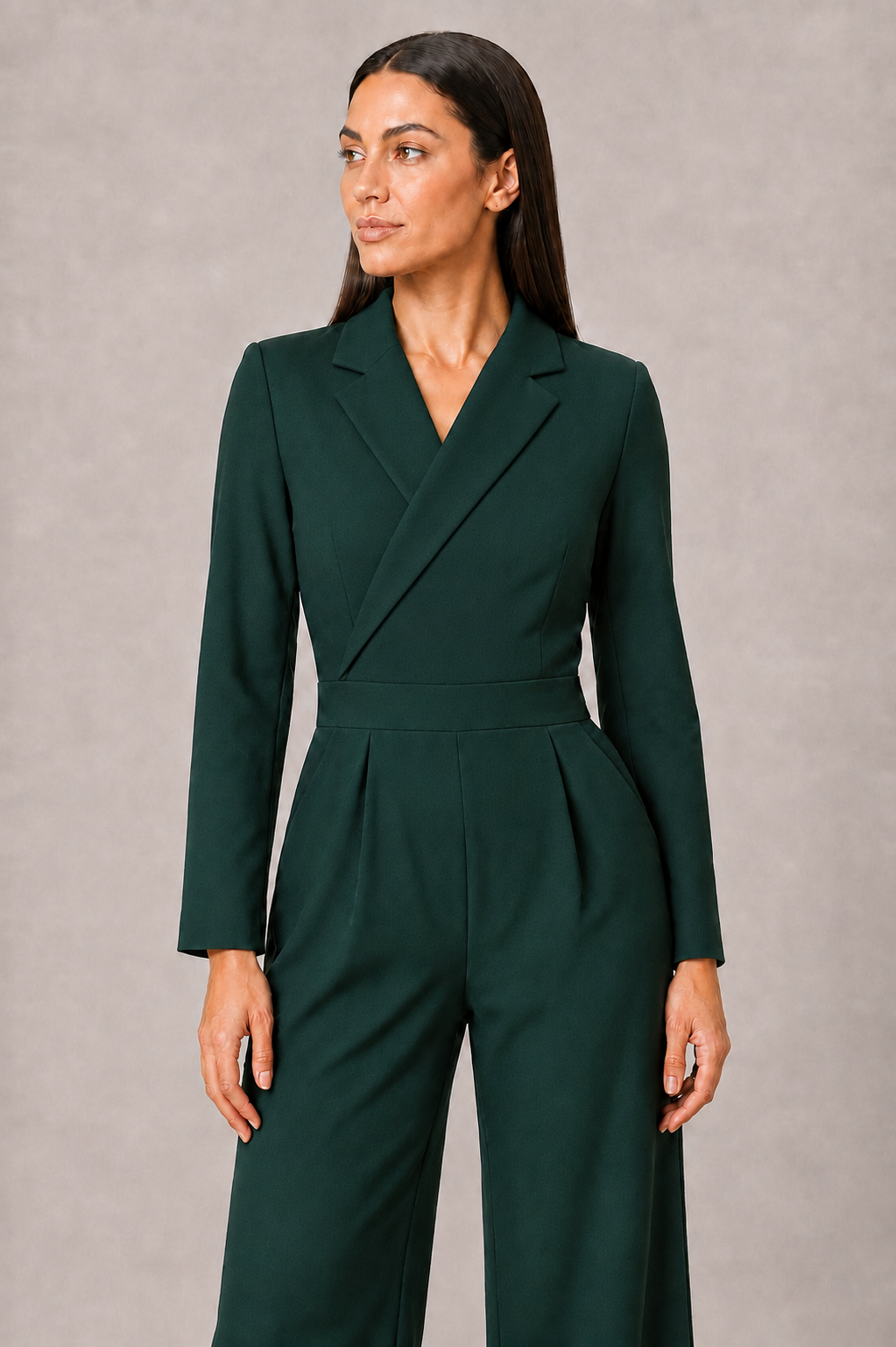 Pleated Blazer-Style Wide-Leg Jumpsuit