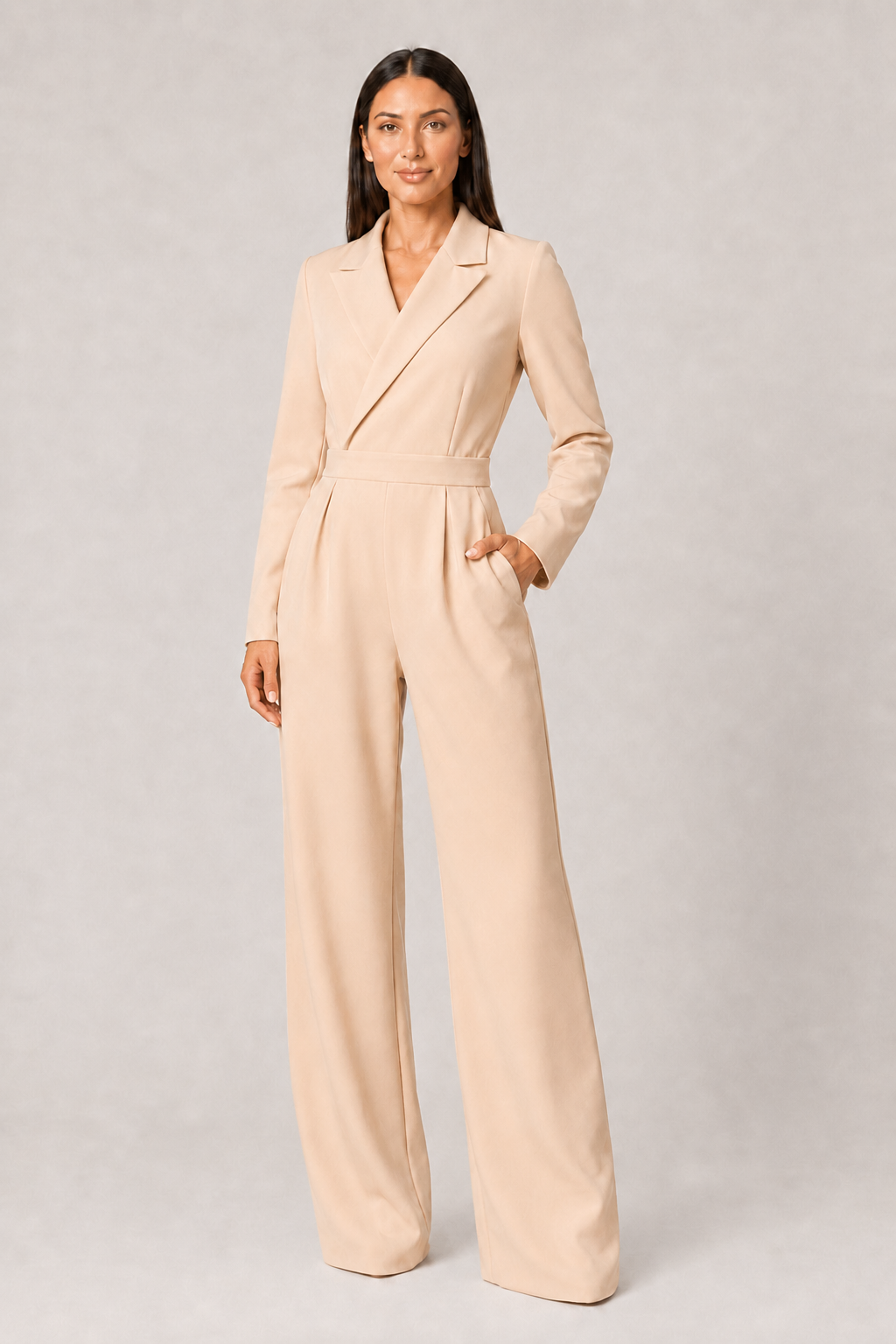 Pleated Blazer-Style Wide-Leg Jumpsuit