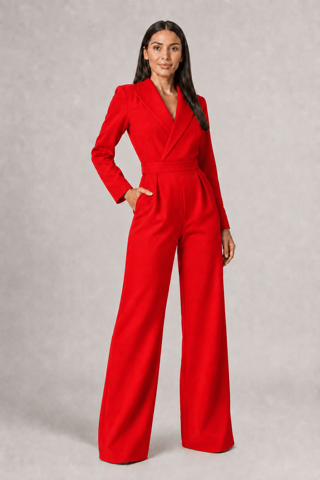Pleated Blazer-Style Wide-Leg Jumpsuit
