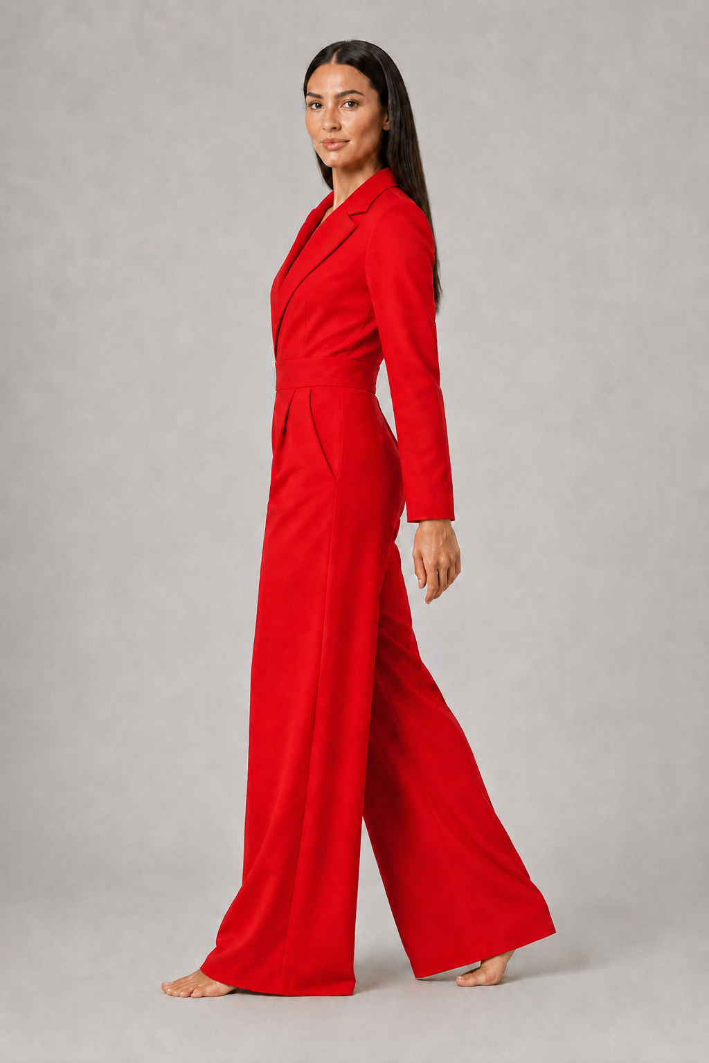 Pleated Blazer-Style Wide-Leg Jumpsuit
