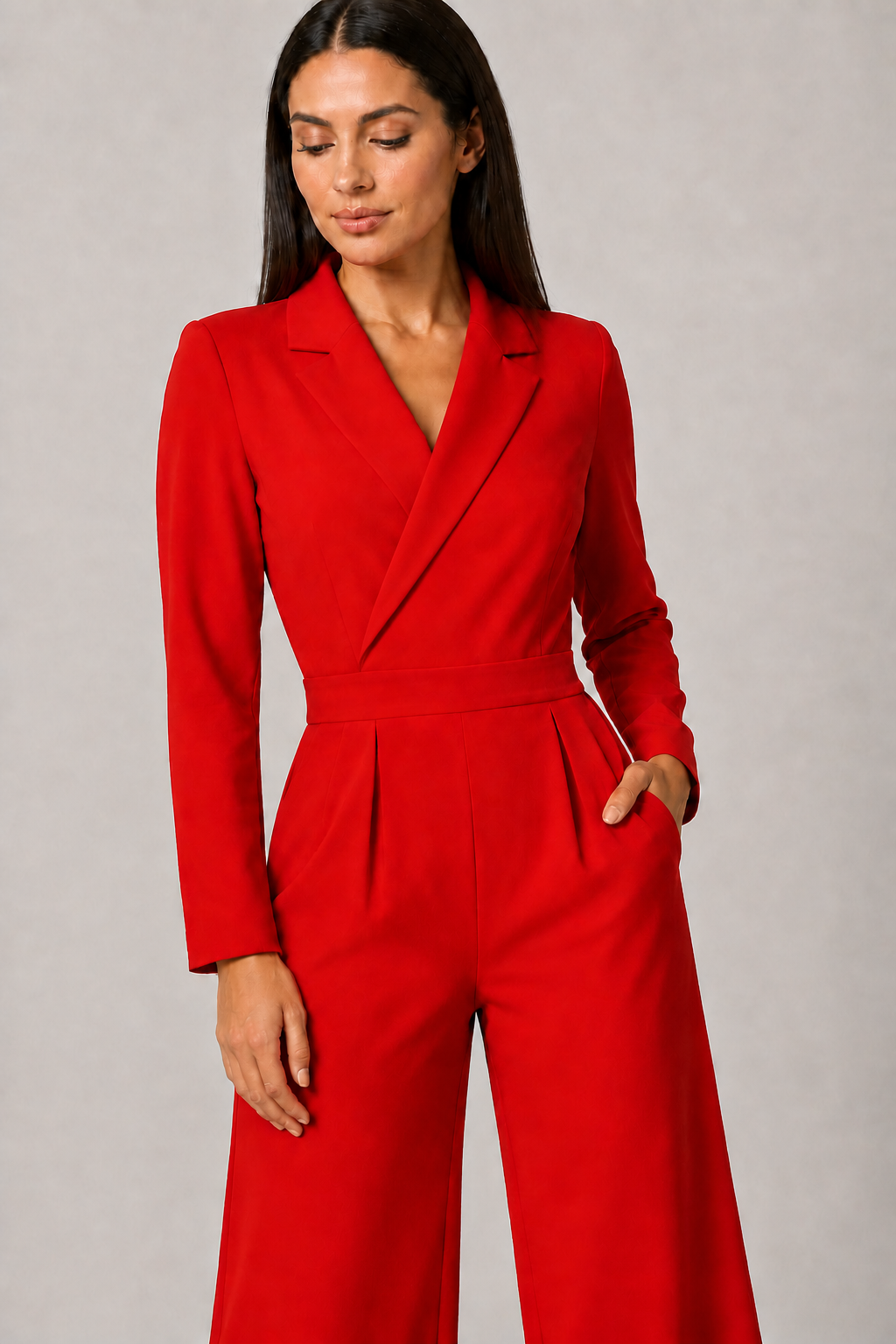 Pleated Blazer-Style Wide-Leg Jumpsuit