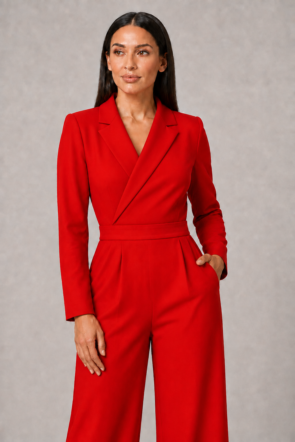 Pleated Blazer-Style Wide-Leg Jumpsuit