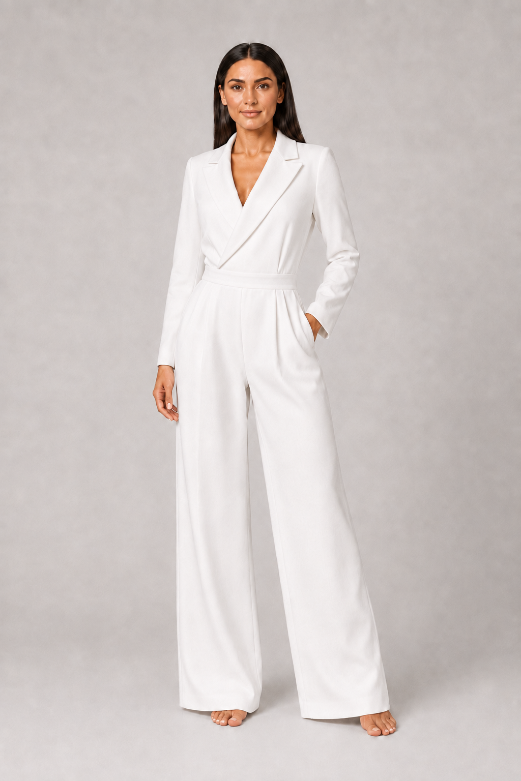 Pleated Blazer-Style Wide-Leg Jumpsuit