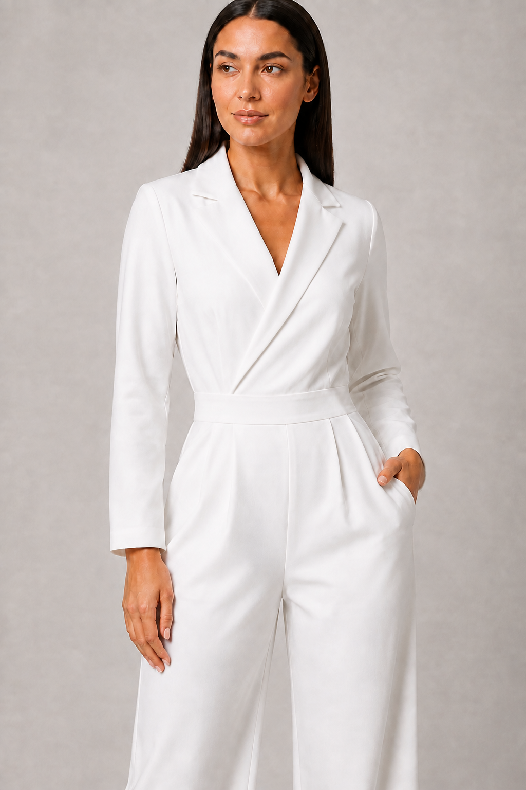 Pleated Blazer-Style Wide-Leg Jumpsuit