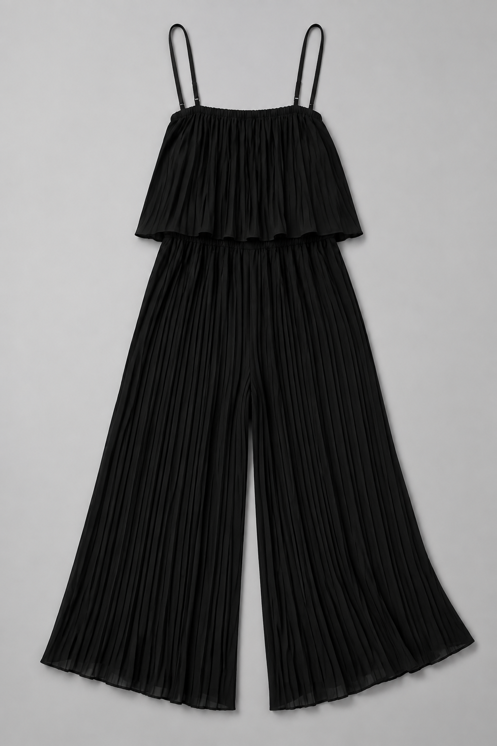 Black pleated wide-leg jumpsuit, product flat lay