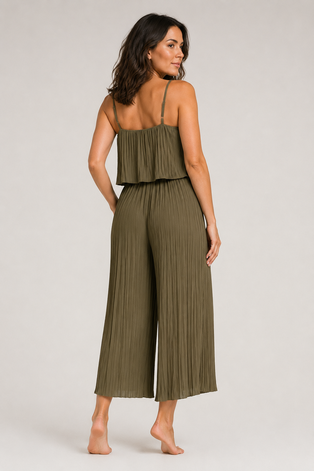 Green pleated wide-leg jumpsuit, back view