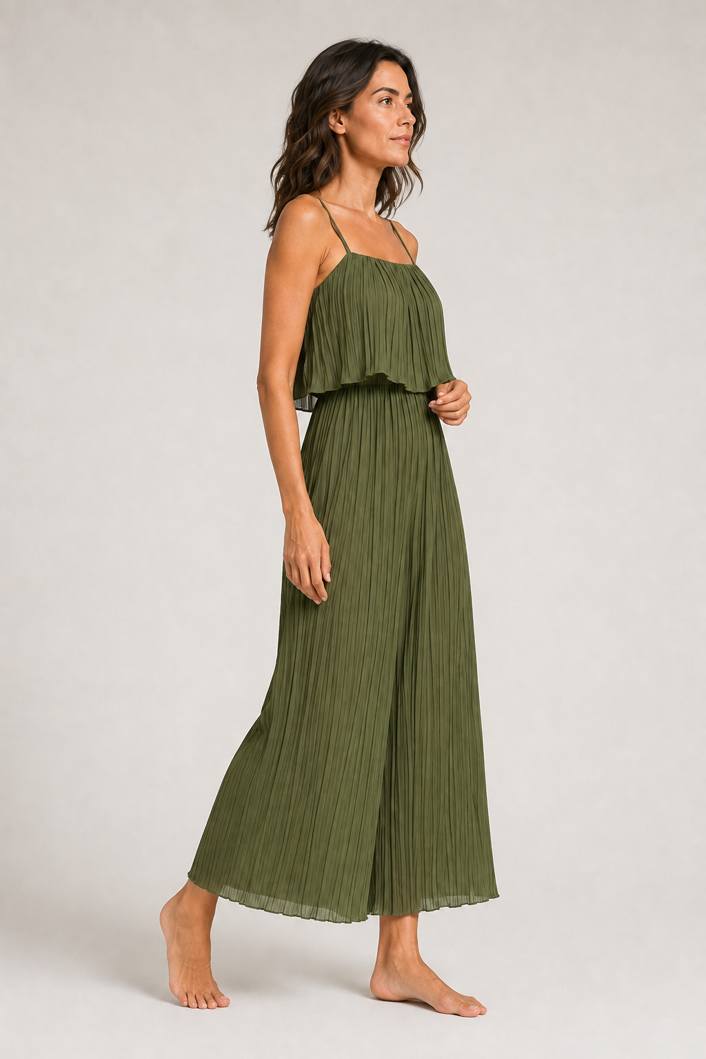 Green pleated wide-leg jumpsuit, side view