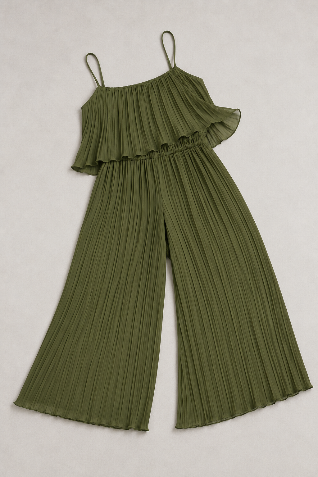 Green pleated wide-leg jumpsuit, product flat lay