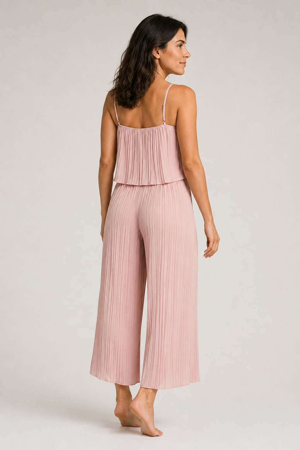 Pink pleated wide-leg jumpsuit, back view