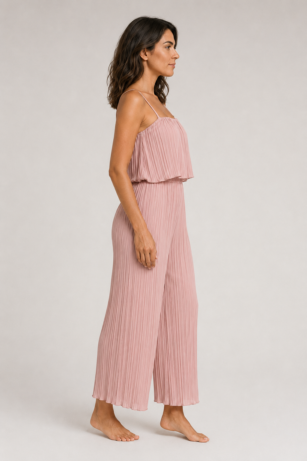 Pink pleated wide-leg jumpsuit, side view