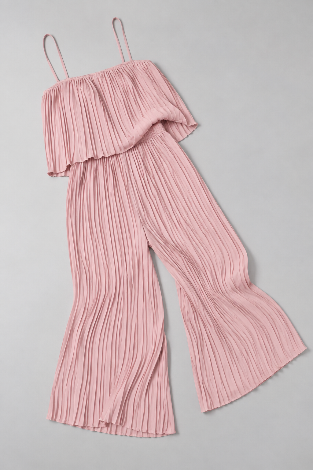 Pink pleated wide-leg jumpsuit, product flat lay