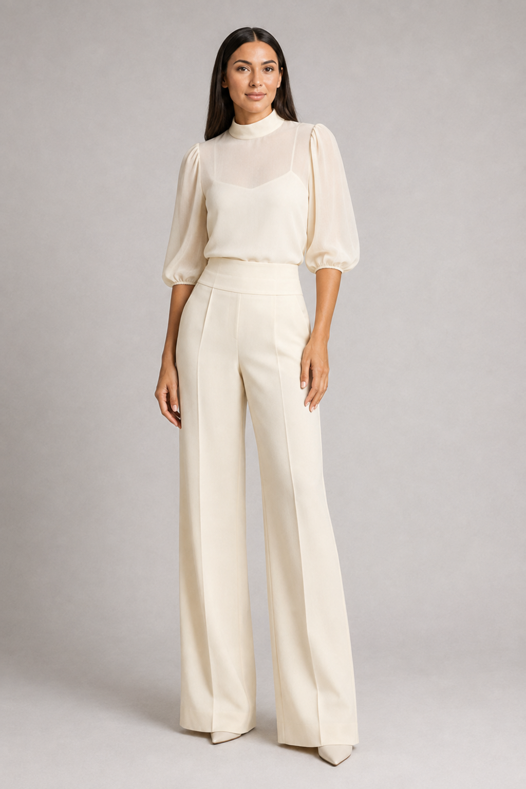 Sheer-Layer Three-Piece Trouser Set in Apricot, front three-quarter view