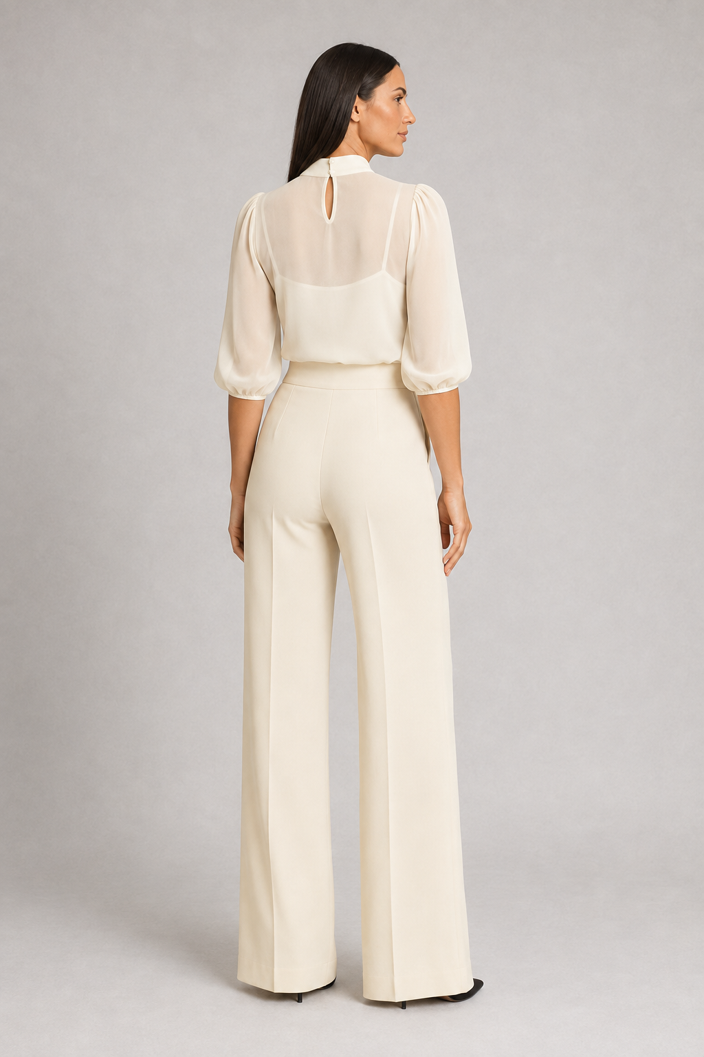 Sheer-Layer Three-Piece Trouser Set in Apricot, back view
