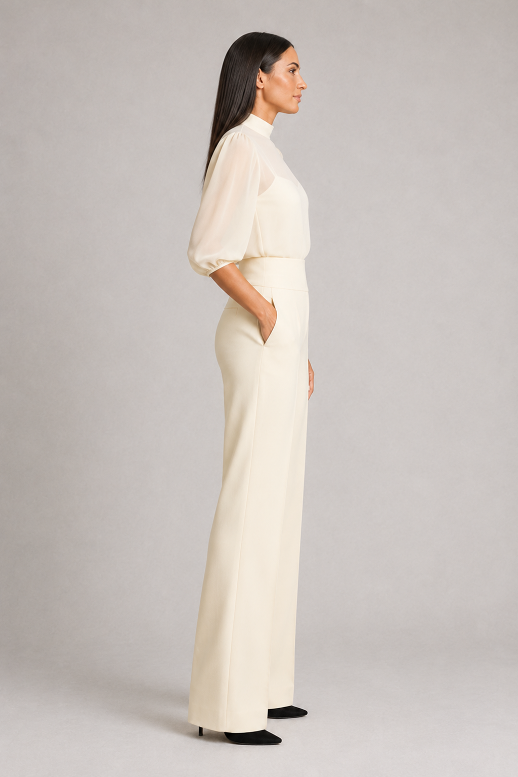 Sheer-Layer Three-Piece Trouser Set in Apricot, side view