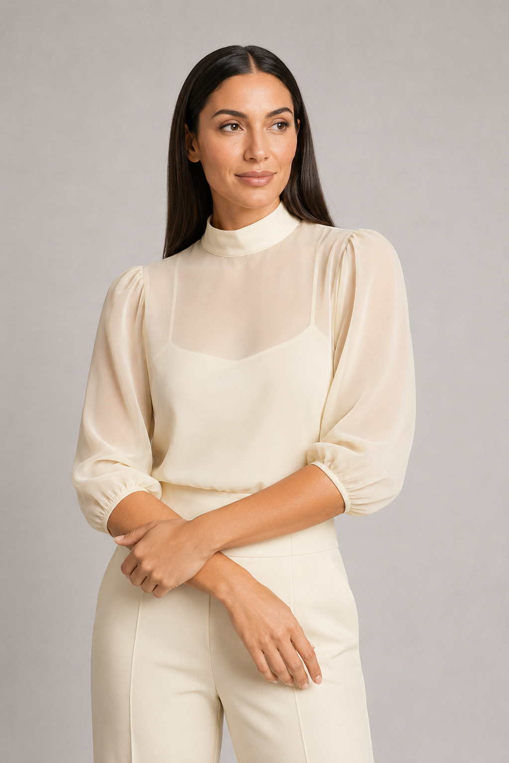 Sheer-Layer Three-Piece Trouser Set in Apricot, sheer fabric detail