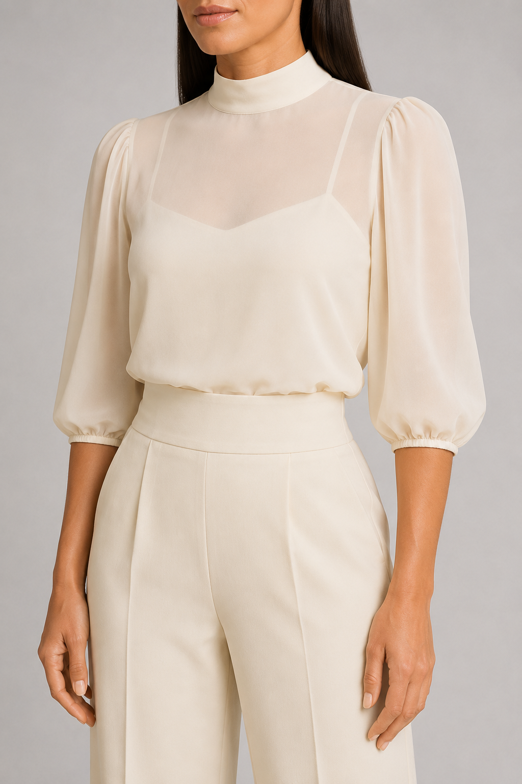 Sheer-Layer Three-Piece Trouser Set in Apricot, waistband construction detail