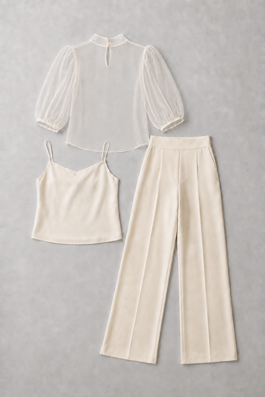 Sheer-Layer Three-Piece Trouser Set in Apricot, flat lay