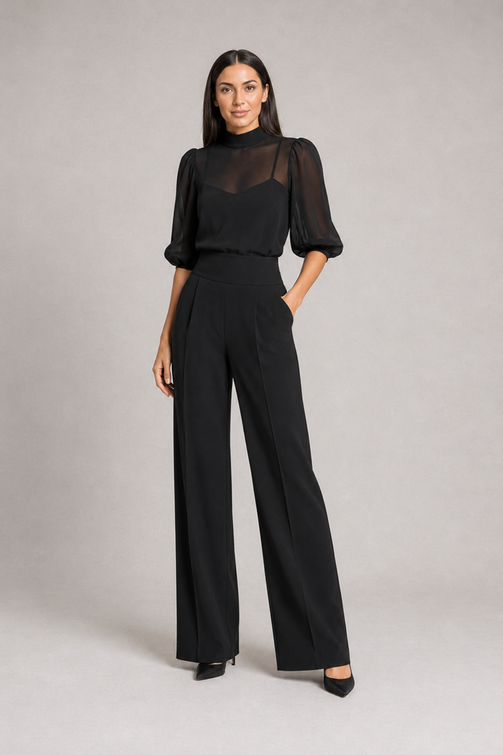 Sheer-Layer Three-Piece Trouser Set in Black, front three-quarter view