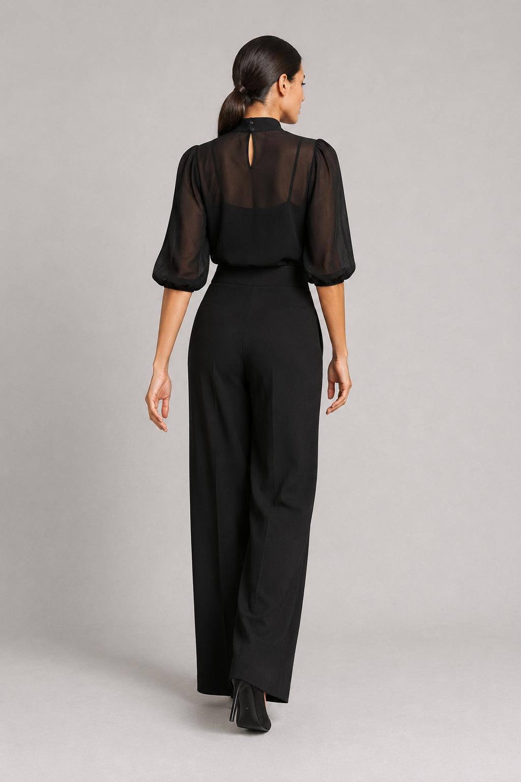 Sheer-Layer Three-Piece Trouser Set in Black, back view