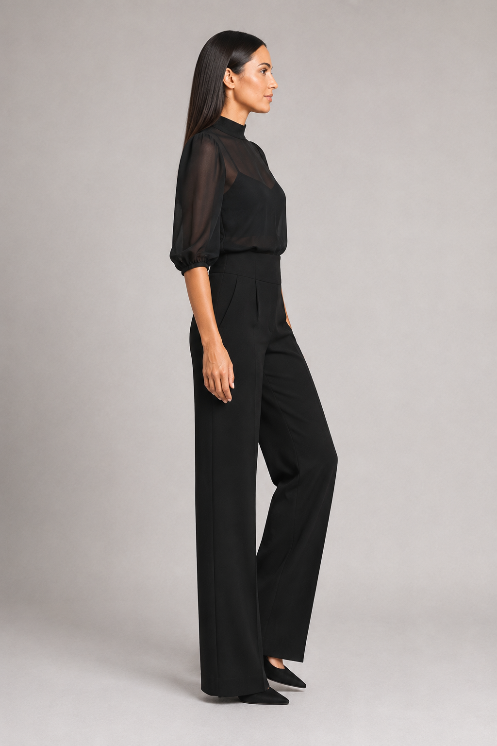 Sheer-Layer Three-Piece Trouser Set in Black, side view