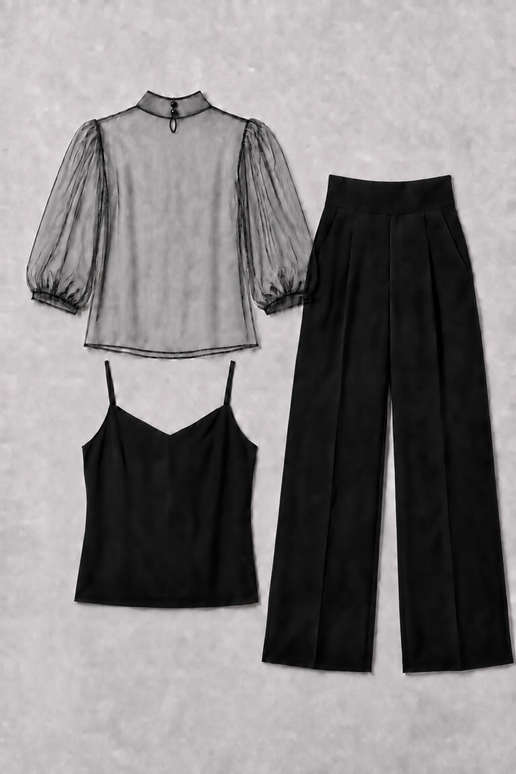 Sheer-Layer Three-Piece Trouser Set in Black, flat lay