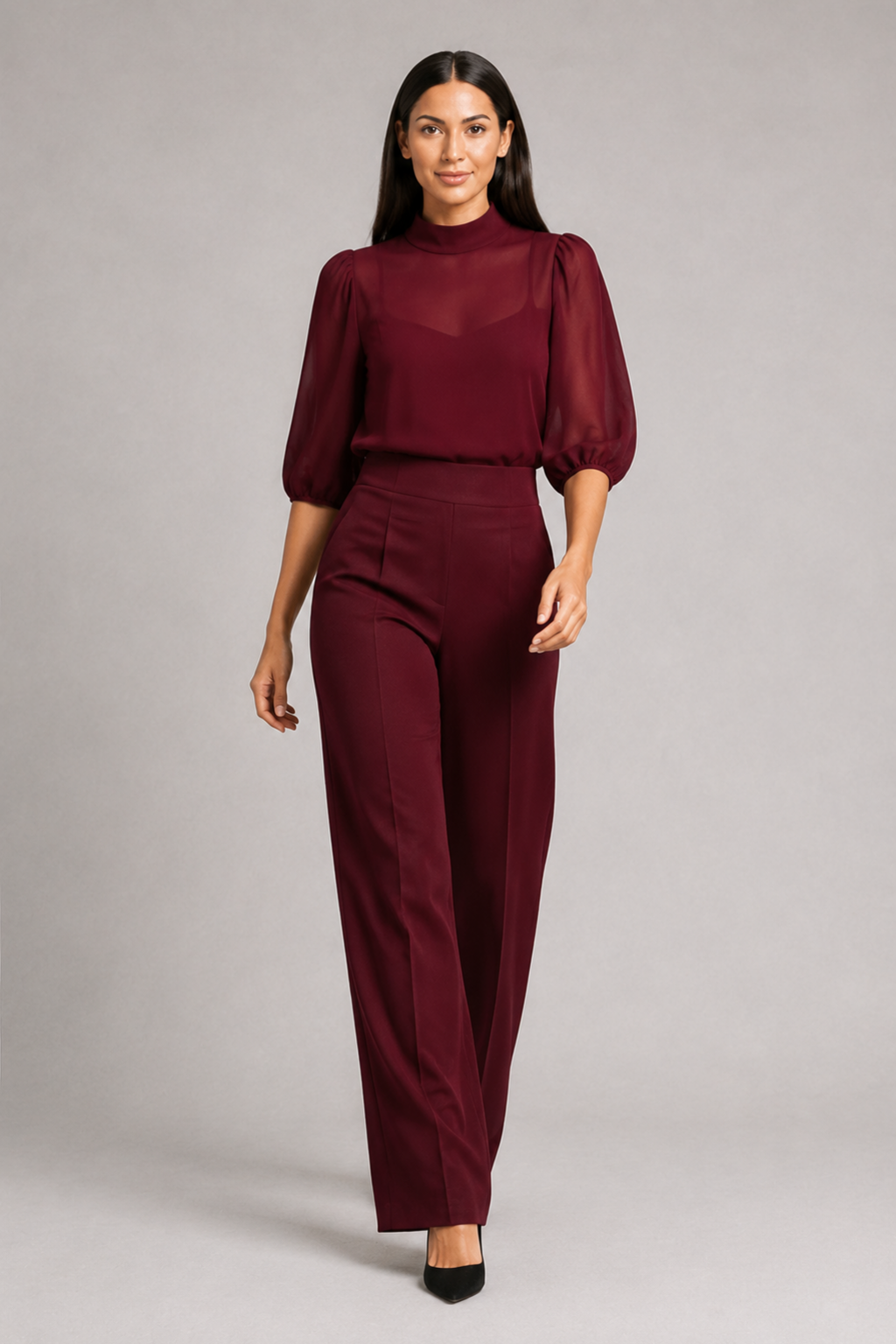Sheer-Layer Three-Piece Trouser Set in Burgundy, front three-quarter view
