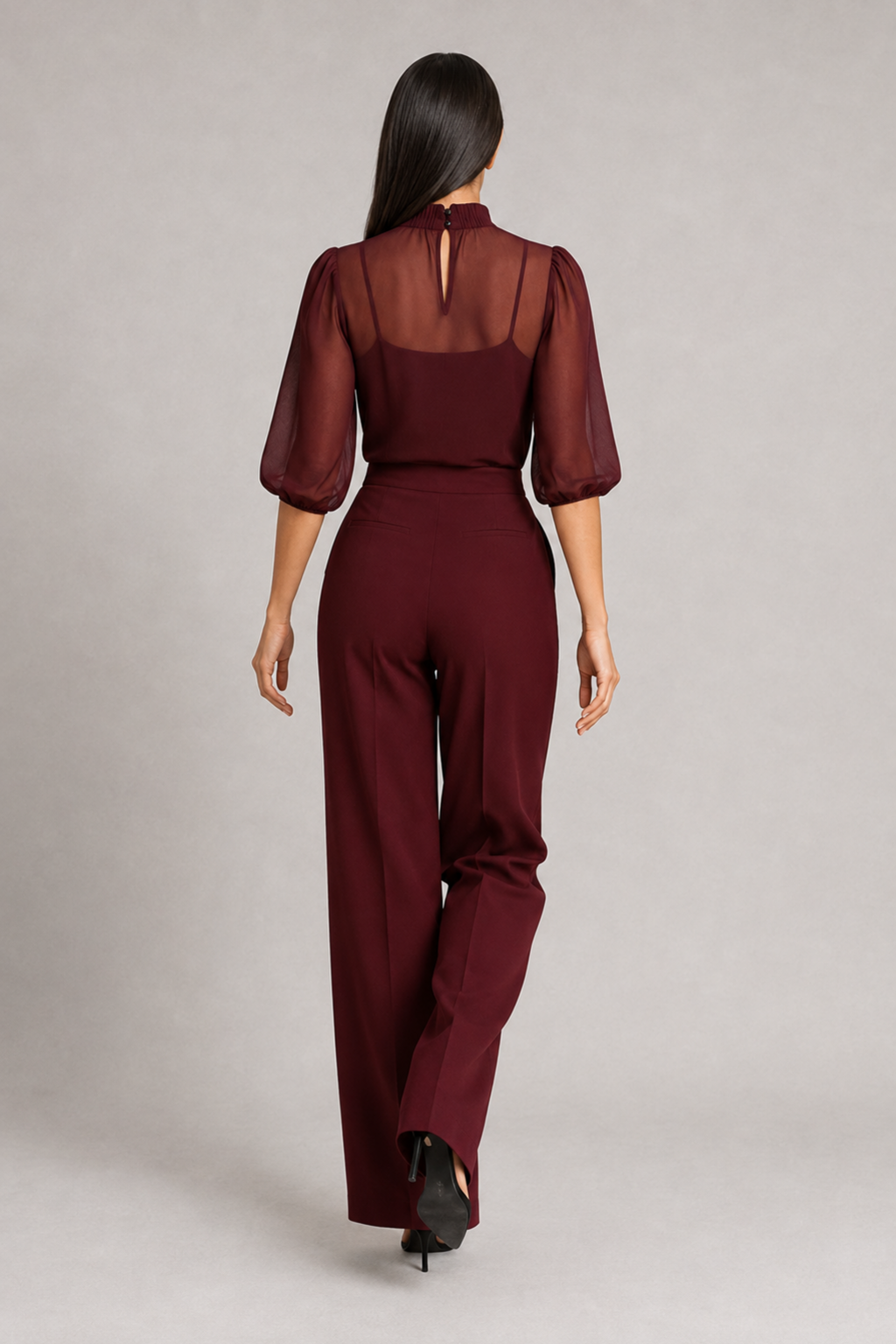 Sheer-Layer Three-Piece Trouser Set in Burgundy, back view