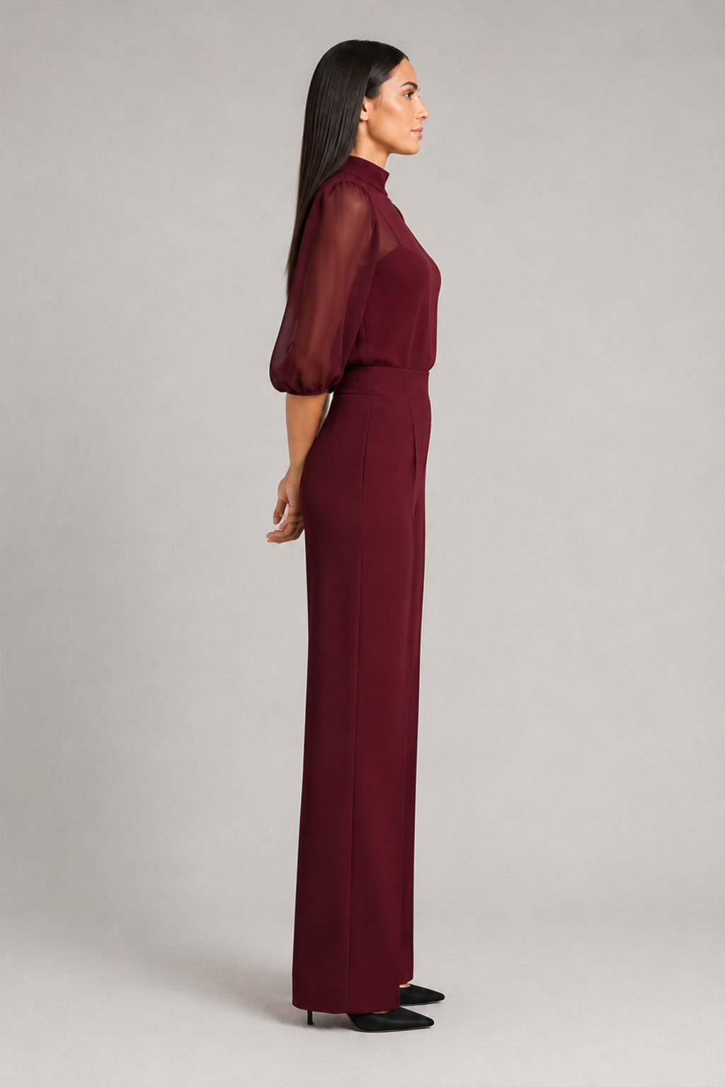 Sheer-Layer Three-Piece Trouser Set in Burgundy, side view