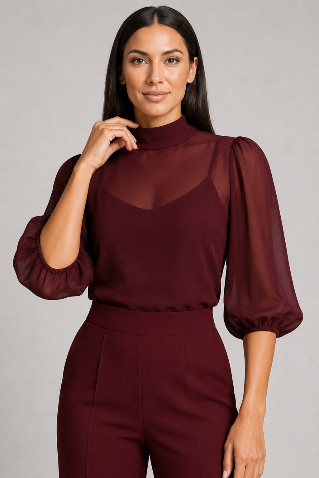Sheer-Layer Three-Piece Trouser Set in Burgundy, sheer fabric detail