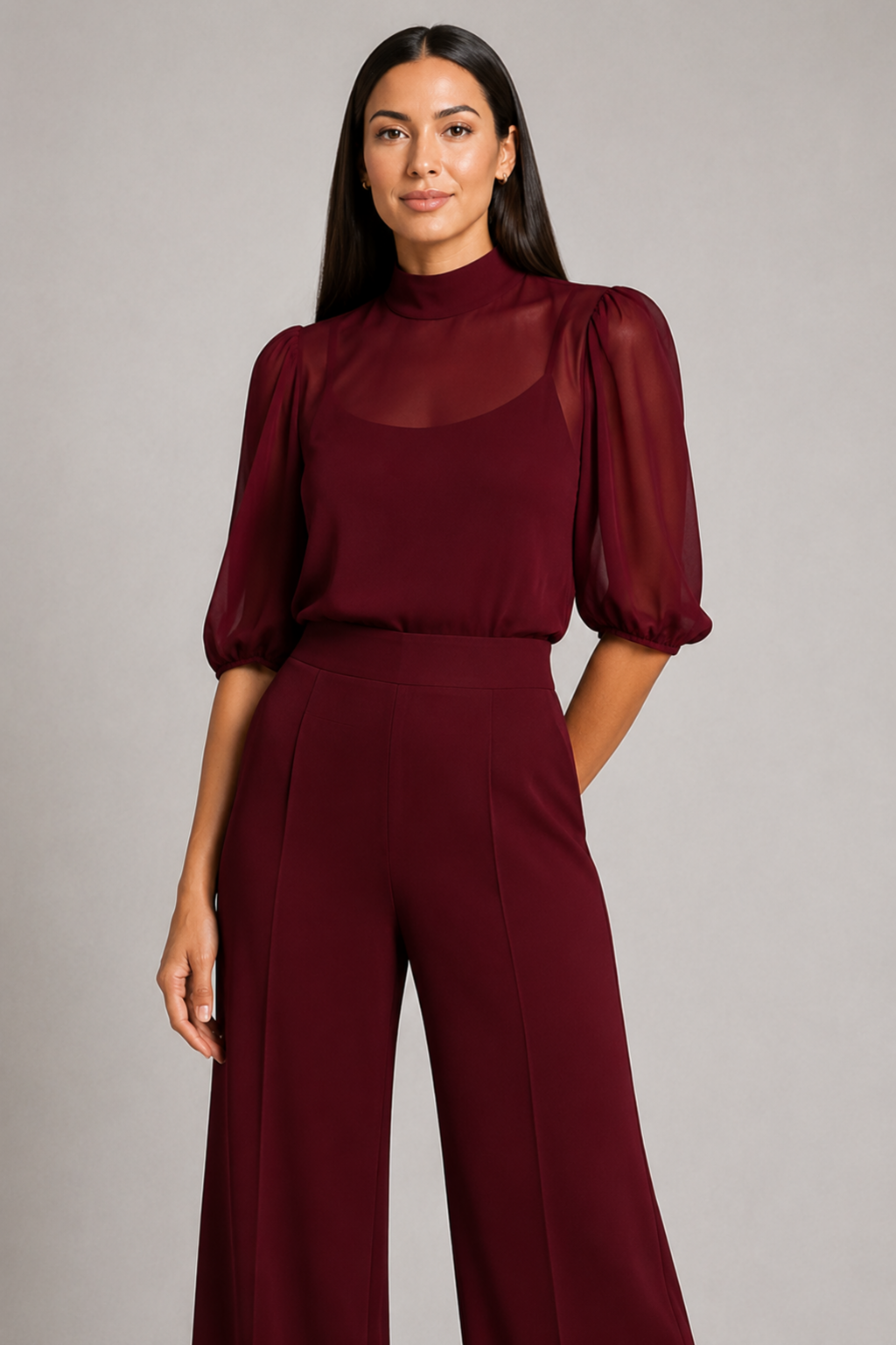Sheer-Layer Three-Piece Trouser Set in Burgundy, waistband construction detail