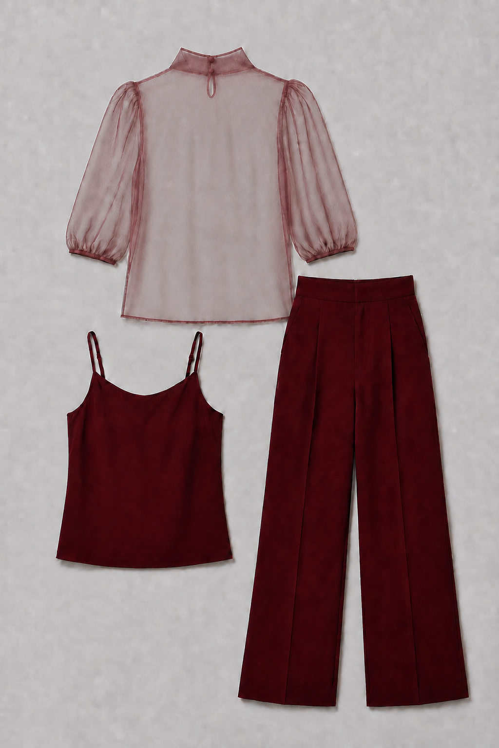 Sheer-Layer Three-Piece Trouser Set in Burgundy, flat lay