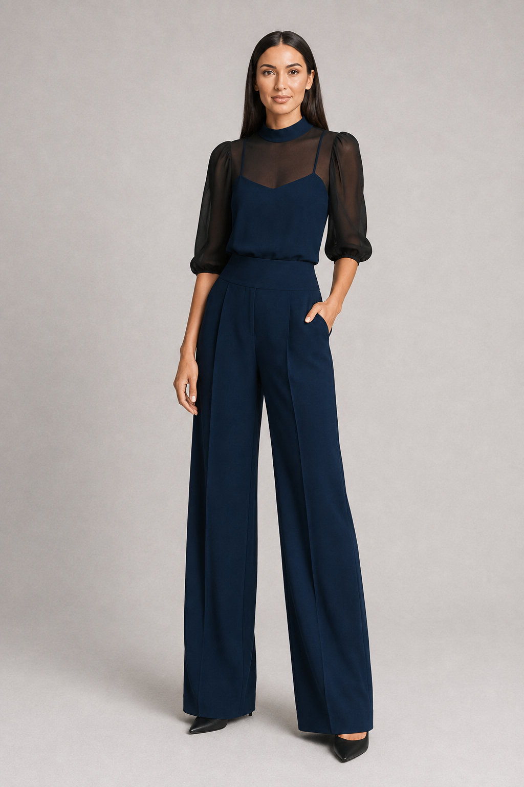Sheer-Layer Three-Piece Trouser Set in Royal Blue, front three-quarter view