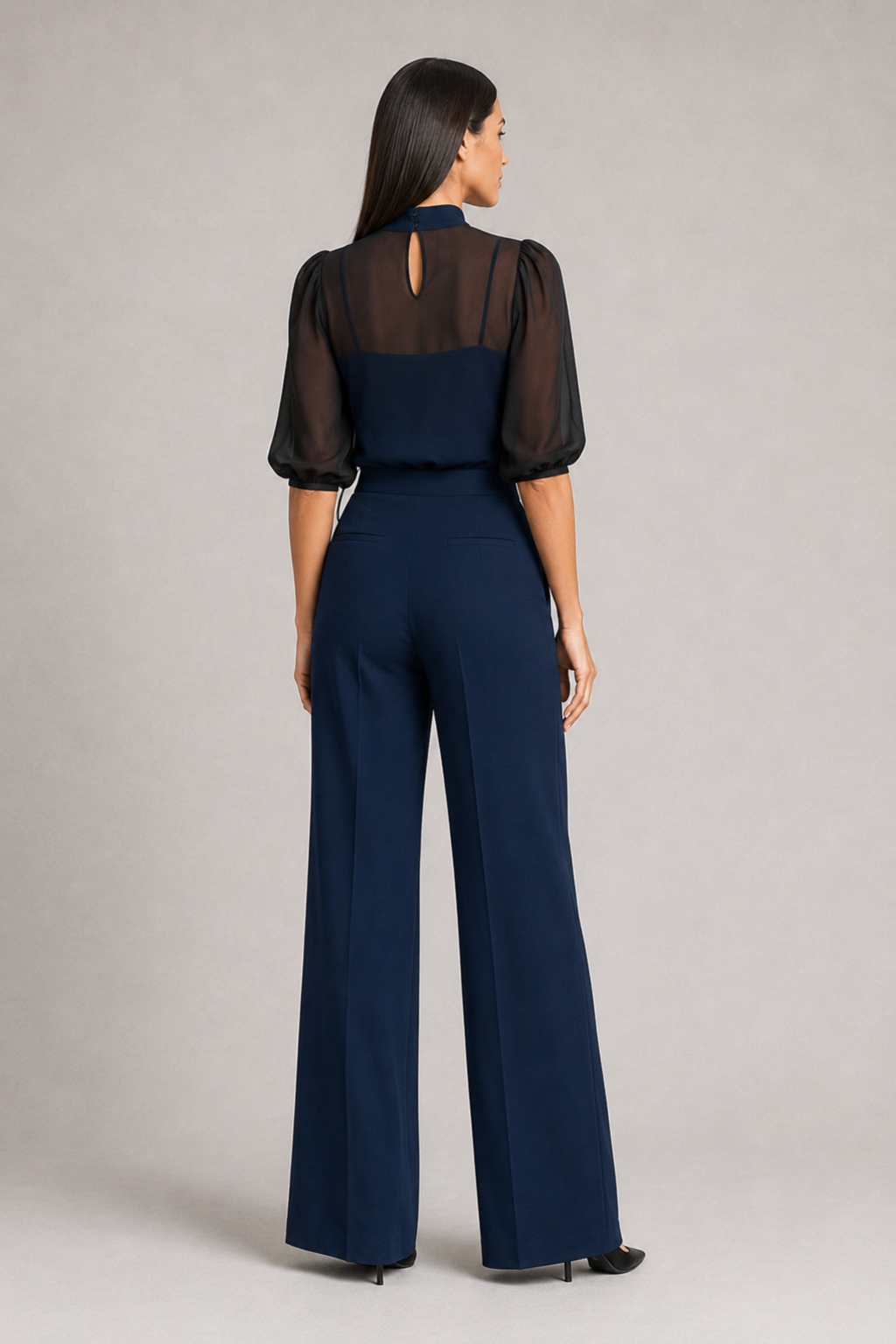 Sheer-Layer Three-Piece Trouser Set in Royal Blue, back view