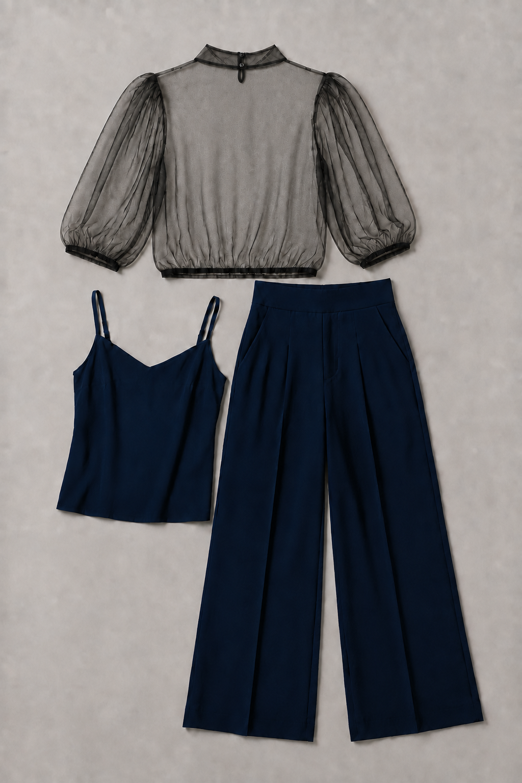 Sheer-Layer Three-Piece Trouser Set in Royal Blue, flat lay