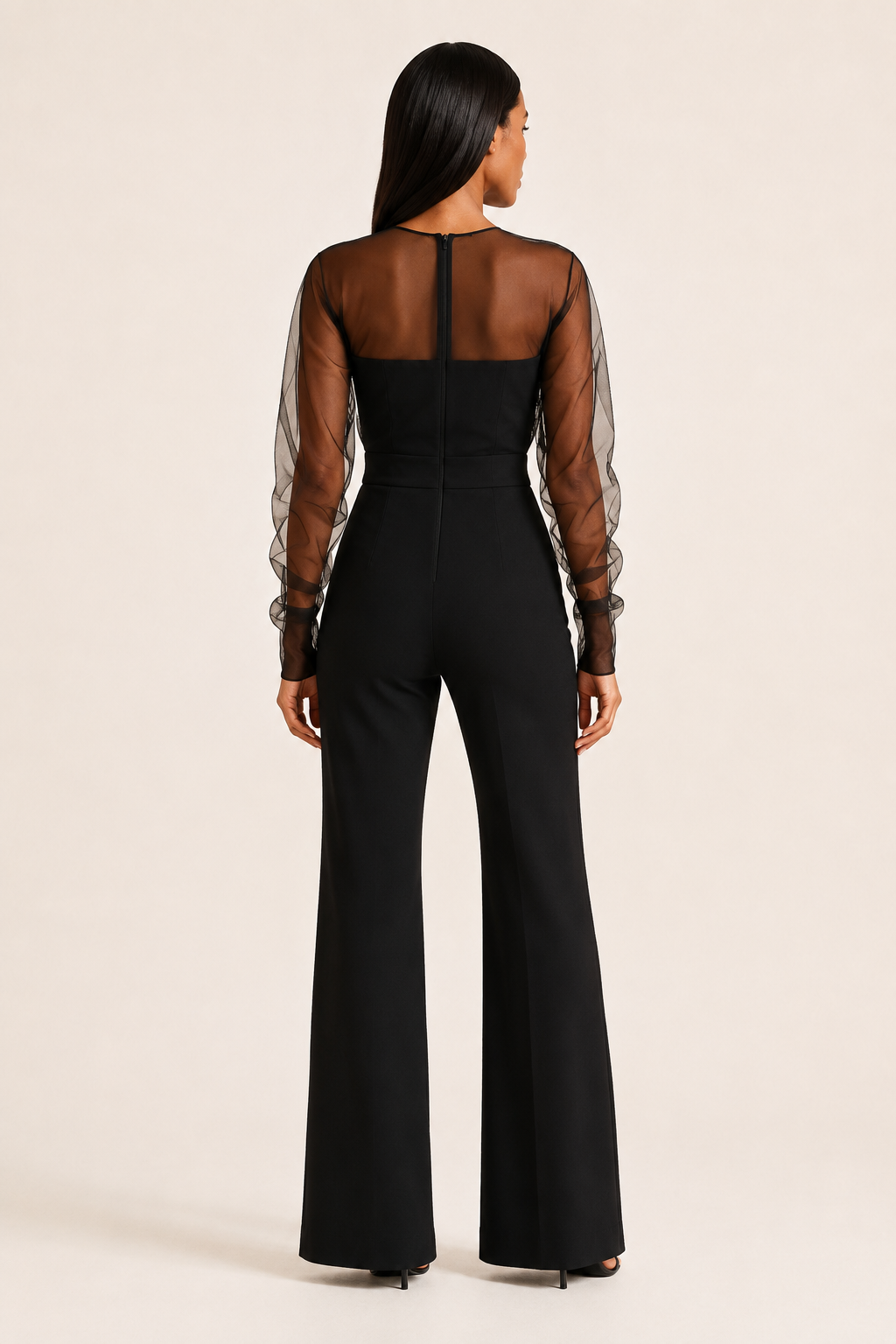 Black sheer-sleeve wide-leg jumpsuit, back view