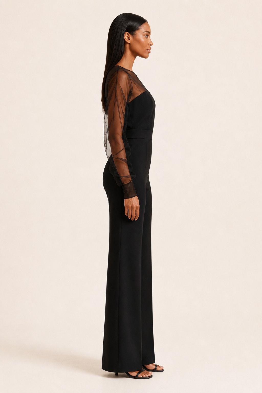 Black sheer-sleeve wide-leg jumpsuit, side view