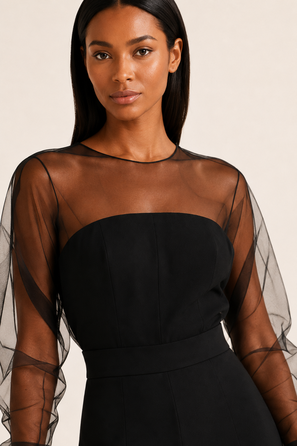 Black sheer-sleeve wide-leg jumpsuit, sheer fabric detail