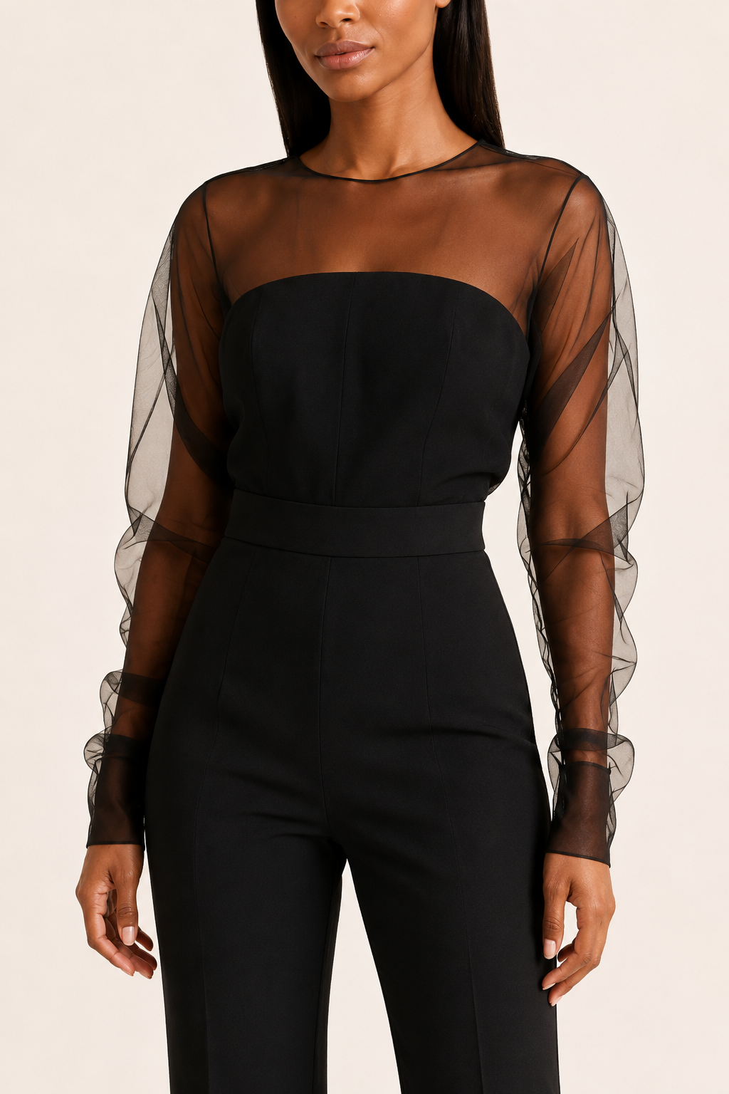 Black sheer-sleeve wide-leg jumpsuit, waistband construction detail