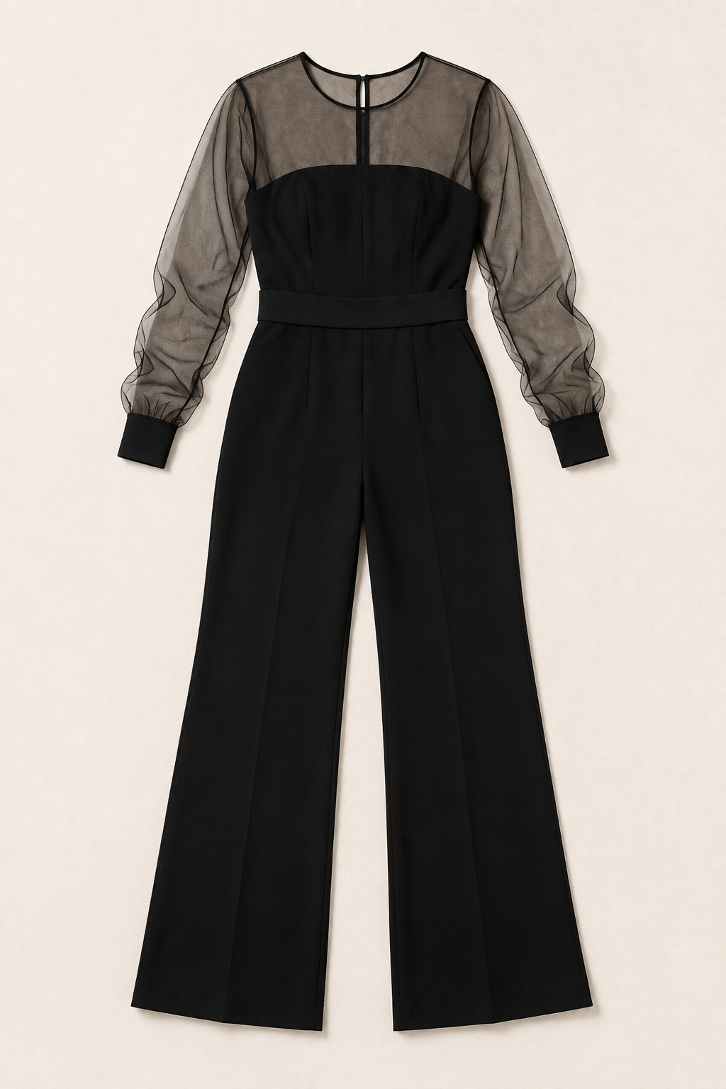 Black sheer-sleeve wide-leg jumpsuit, product flat lay