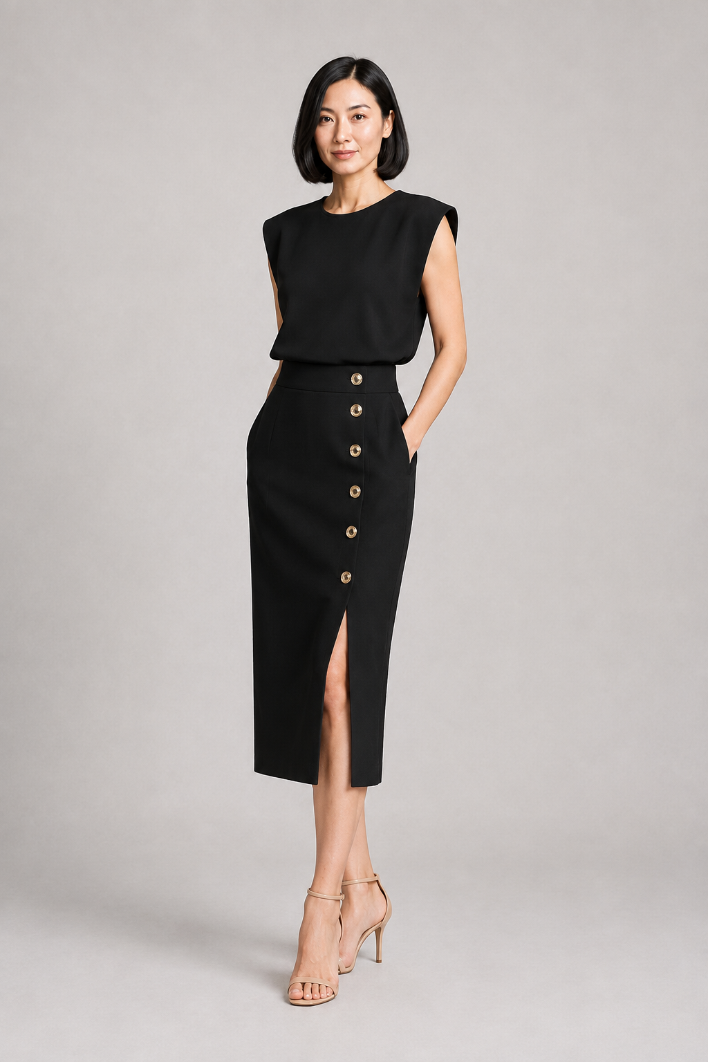 Sleeveless Button-Detail Midi Dress in Black, front three-quarter view