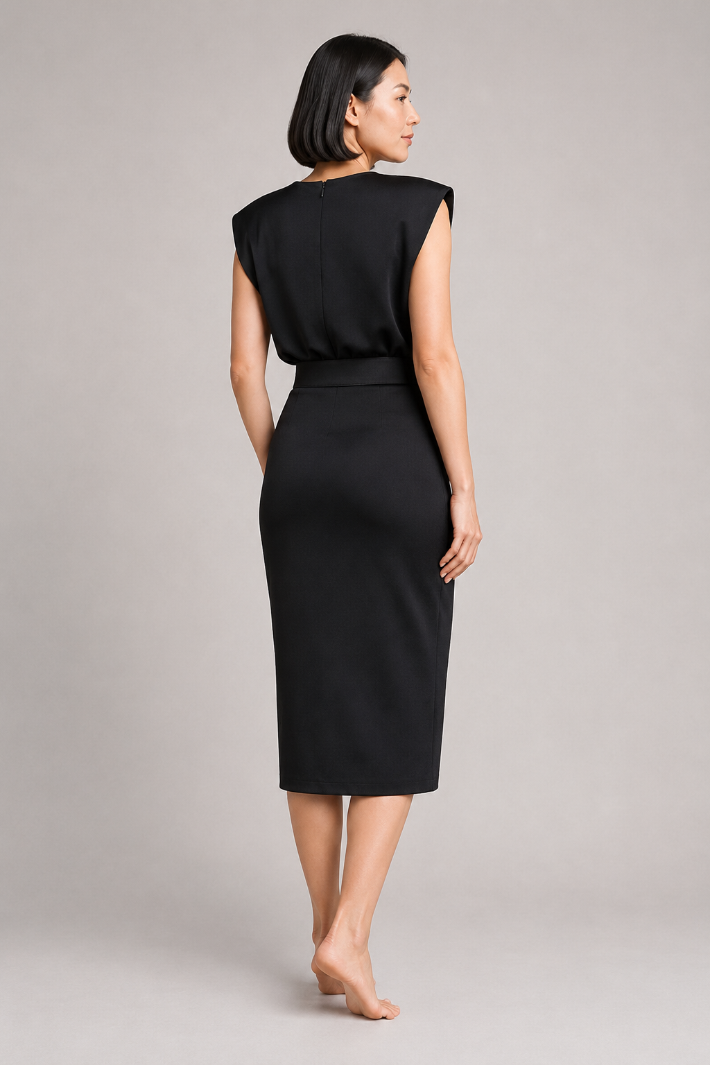 Sleeveless Button-Detail Midi Dress in Black, back view