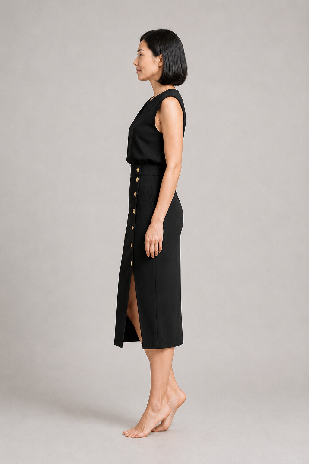 Sleeveless Button-Detail Midi Dress in Black, side view