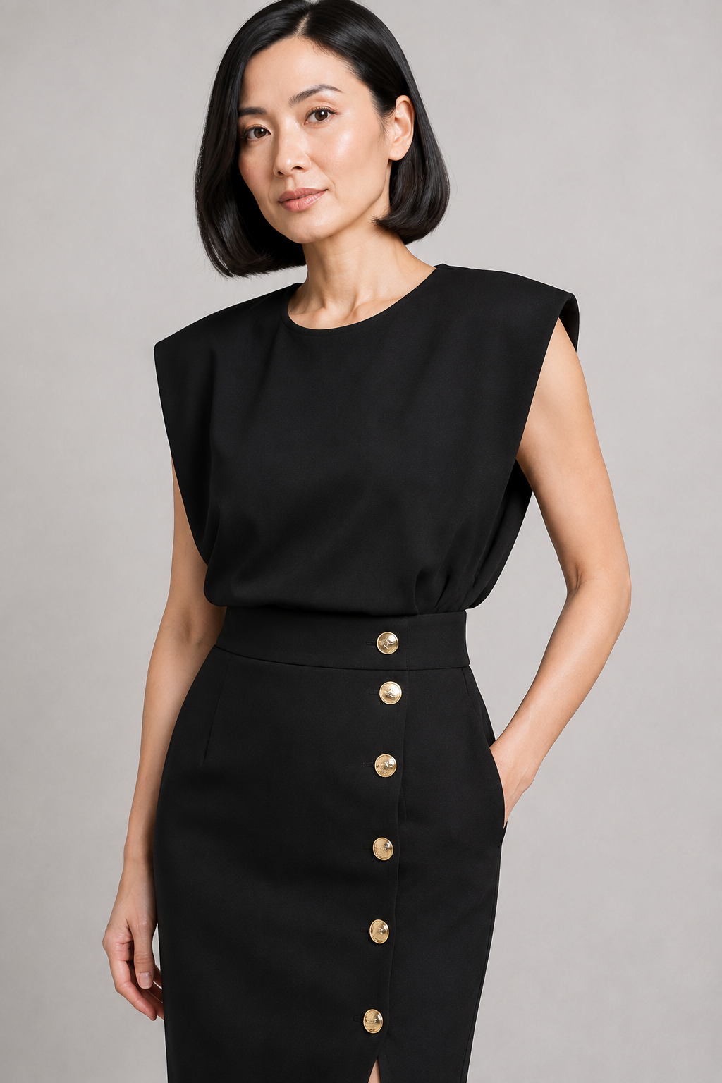 Sleeveless Button-Detail Midi Dress in Black, fabric detail