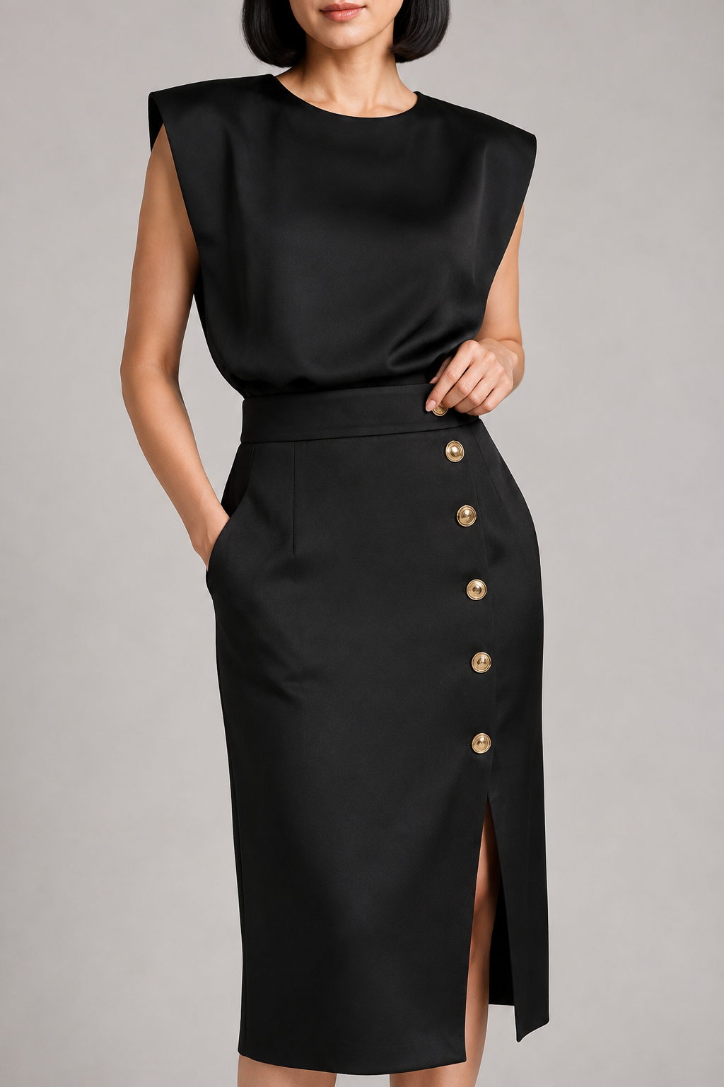 Sleeveless Button-Detail Midi Dress in Black, waistband construction detail
