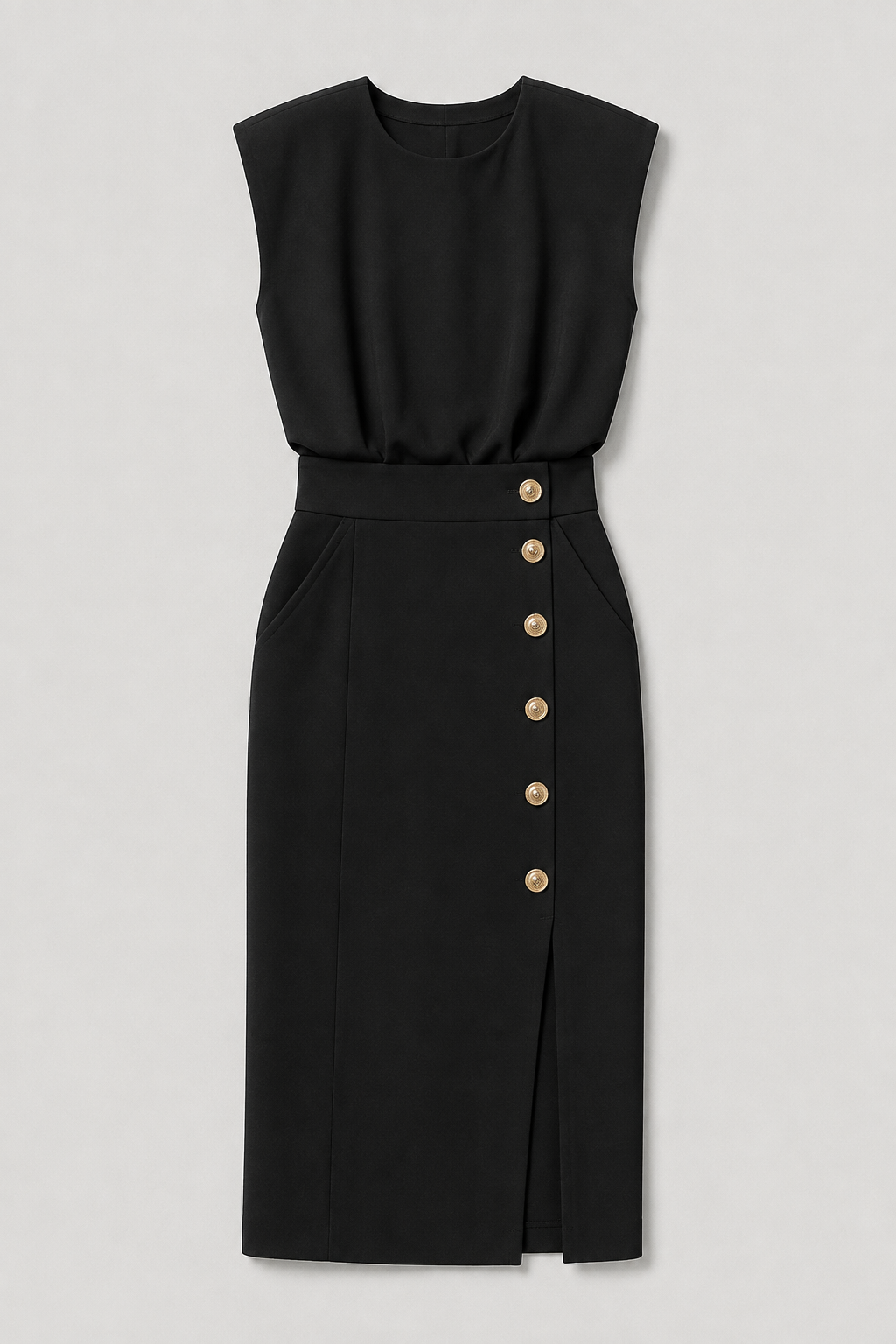 Sleeveless Button-Detail Midi Dress in Black, flat lay