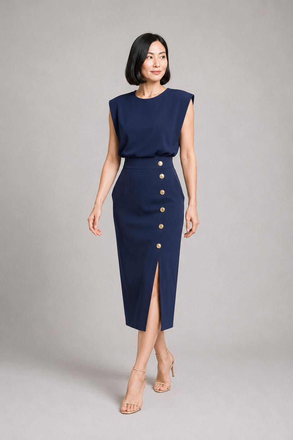 Sleeveless Button-Detail Midi Dress in Dark Blue, front three-quarter view