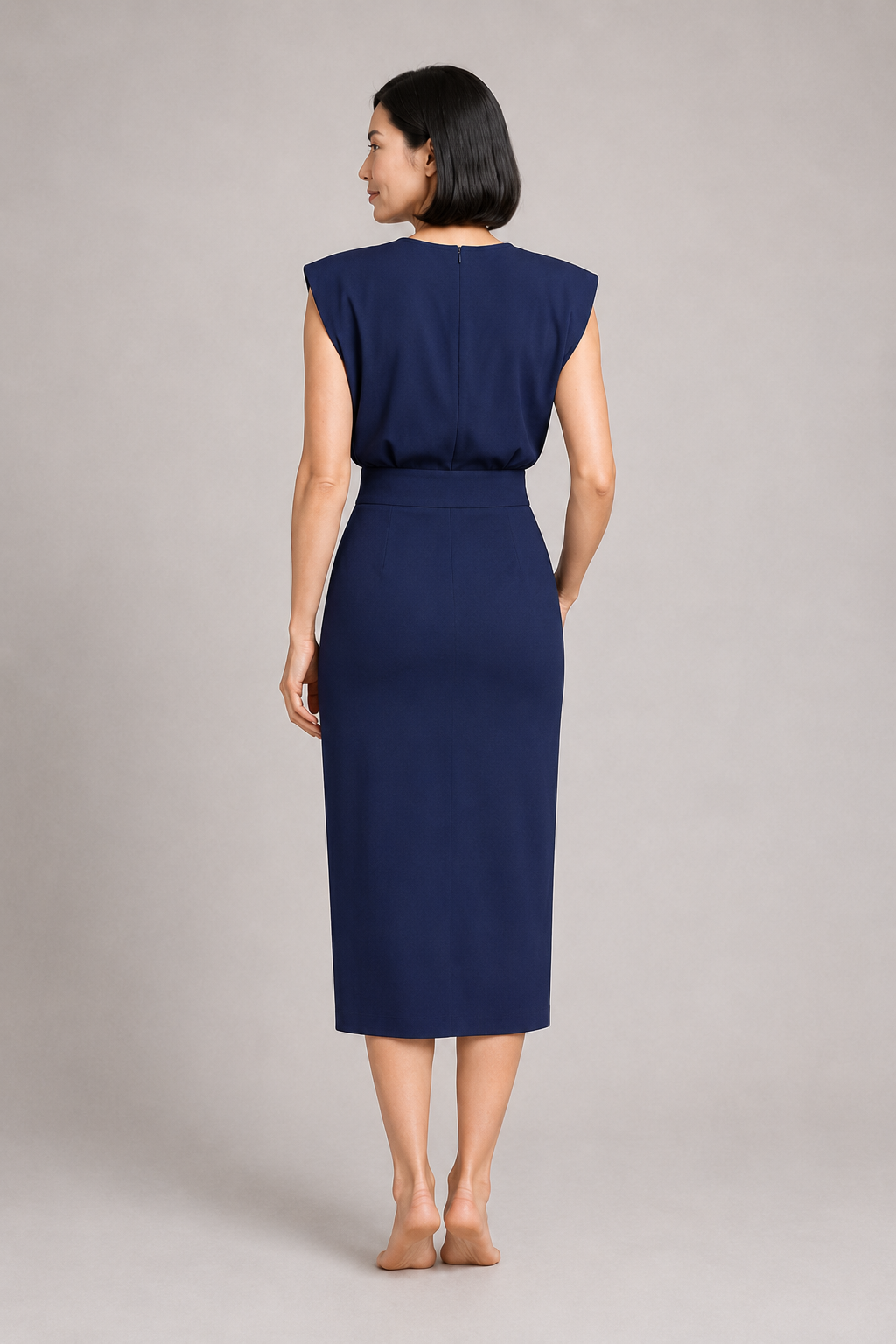 Sleeveless Button-Detail Midi Dress in Dark Blue, back view