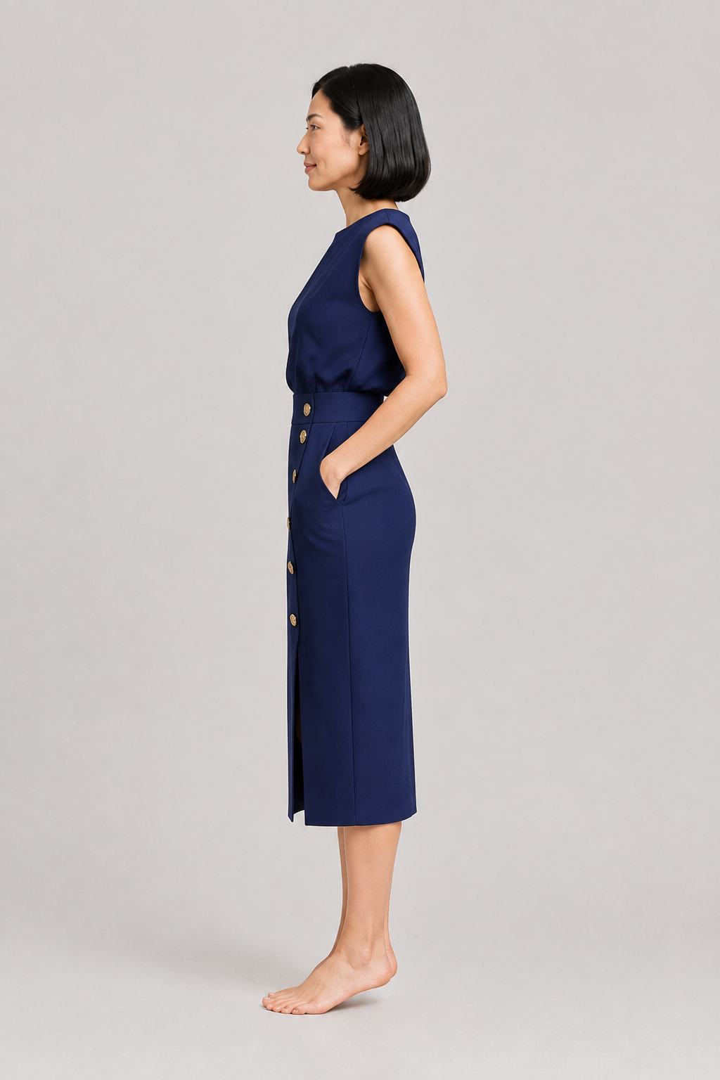 Sleeveless Button-Detail Midi Dress in Dark Blue, side view