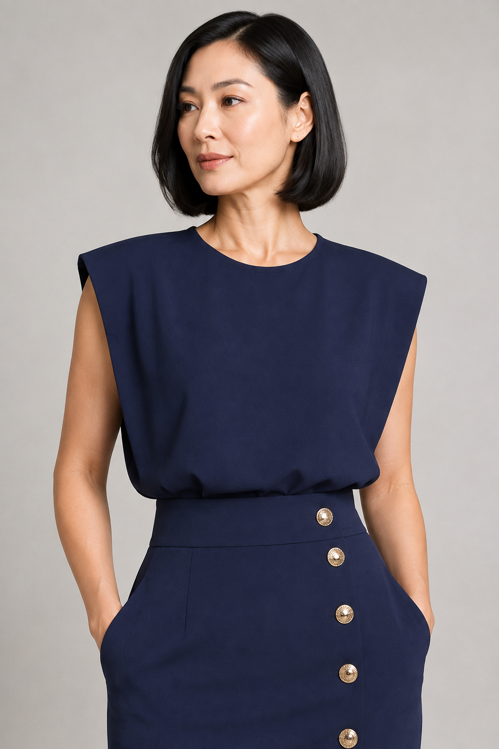 Sleeveless Button-Detail Midi Dress in Dark Blue, fabric detail