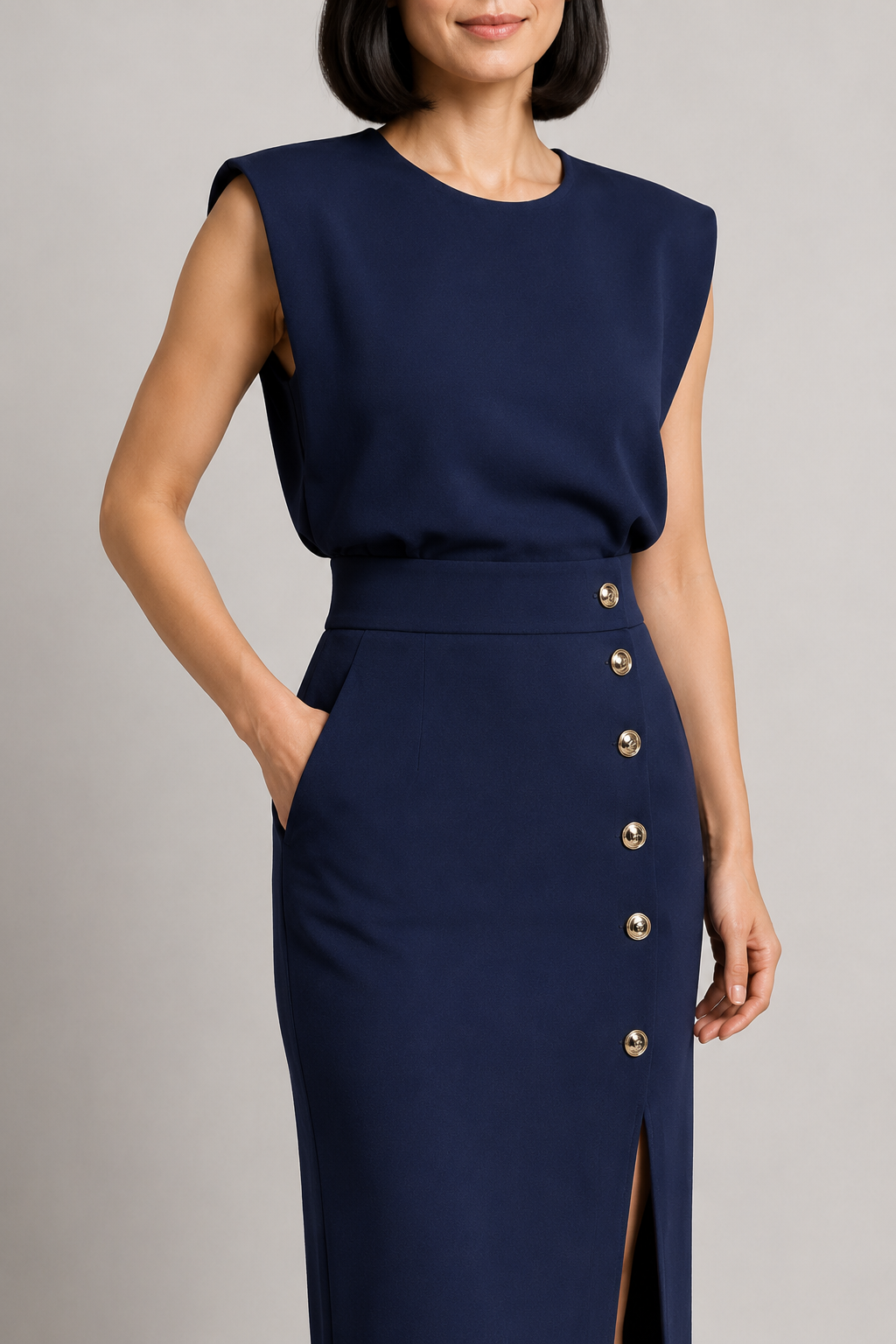 Sleeveless Button-Detail Midi Dress in Dark Blue, waistband construction detail